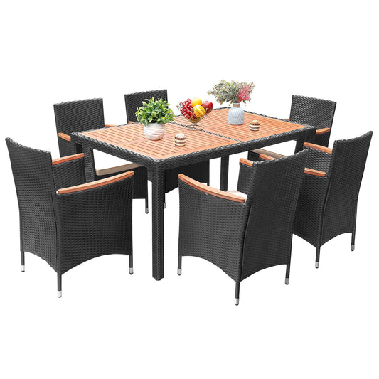 7 Pieces Outdoor Patio Dining Set with PE Rattan Wicker Dining Table and Chairs Acacia Wood Tabletop, Curved Wood Armrest Chairs with Cushions