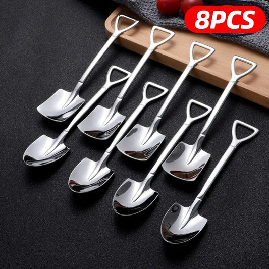 4/8PCS Stainless Steel Coffee Spoon Creative Shovel Shape Tea Spoons Ice Cream Scoop Kitchen Accessories Tableware Cutlery Set